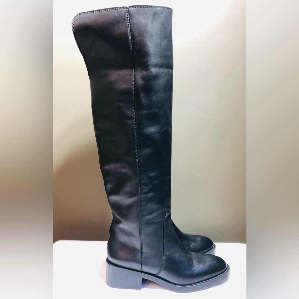 ZARA FW24 Black Leather Knee High Boots 2053/410/800 Size EUR 36 Fold Over